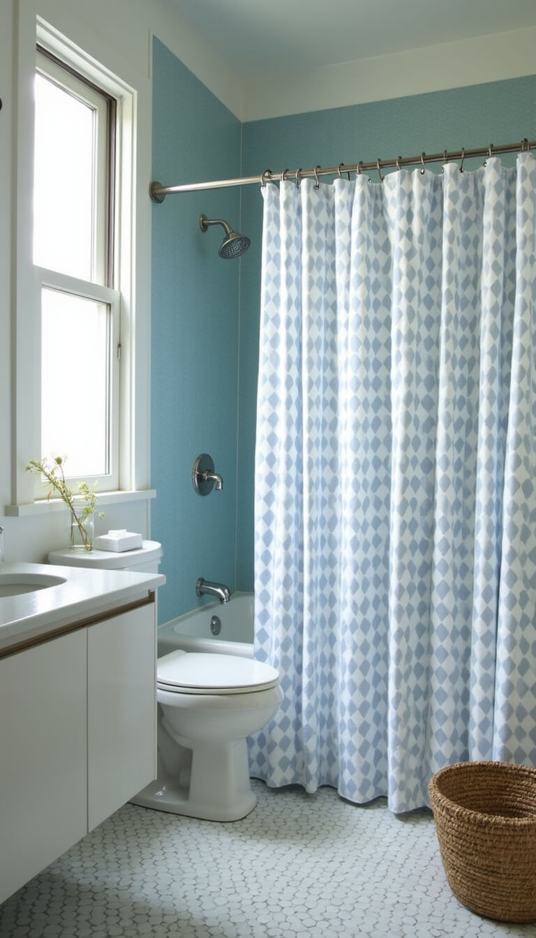 Minimalist 7x9 guest bathroom with powder blue penny tiles, indigo geometric shower curtain, floating vanity with glass accessories, and seagrass basket.