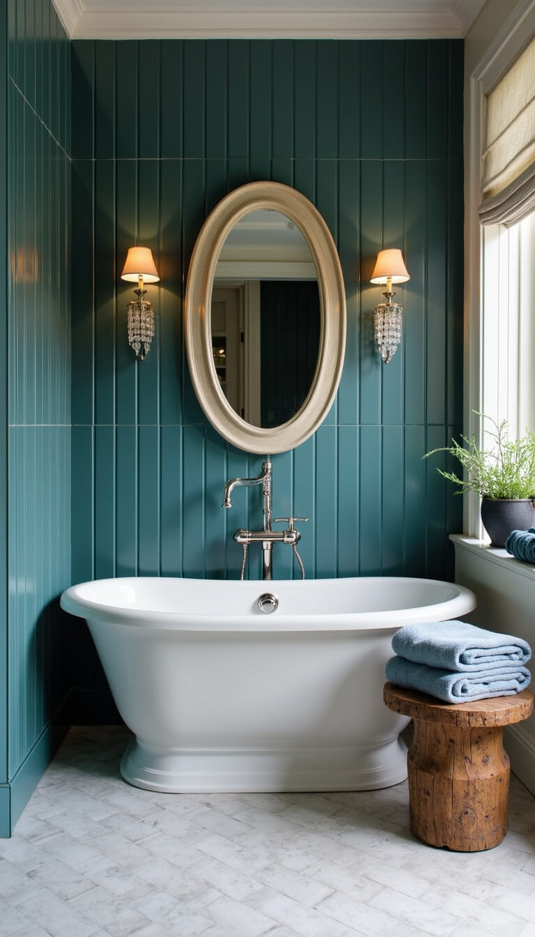 Spa-inspired bathroom with marble herringbone floor, teal vertical tiles, crystal sconces, oval mirror, blue-grey towels, mercury glass accents, and carved wooden stool.