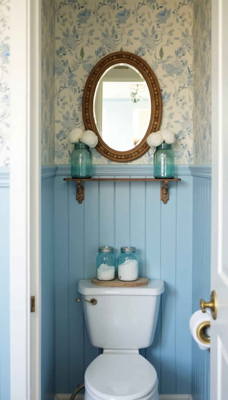 Cozy 6x8 bathroom nook with cornflower blue beadboard, white walls, blue botanical wallpaper, vintage mason jars on a white shelf, and antique brass hardware in morning light.