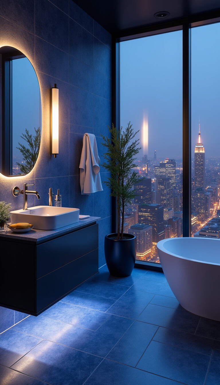 Luxury contemporary master bathroom with city views, floating vanity, crystal accents, and LED lighting at twilight.