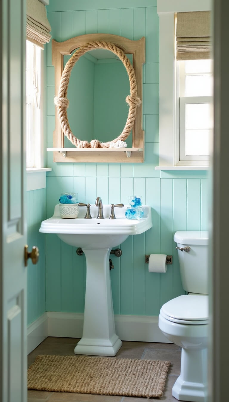 Coastal cottage bathroom with soft aqua shiplap walls, white trim, rope mirror above pedestal sink, sea glass and coral decor, natural fiber rug, lit by late morning light.