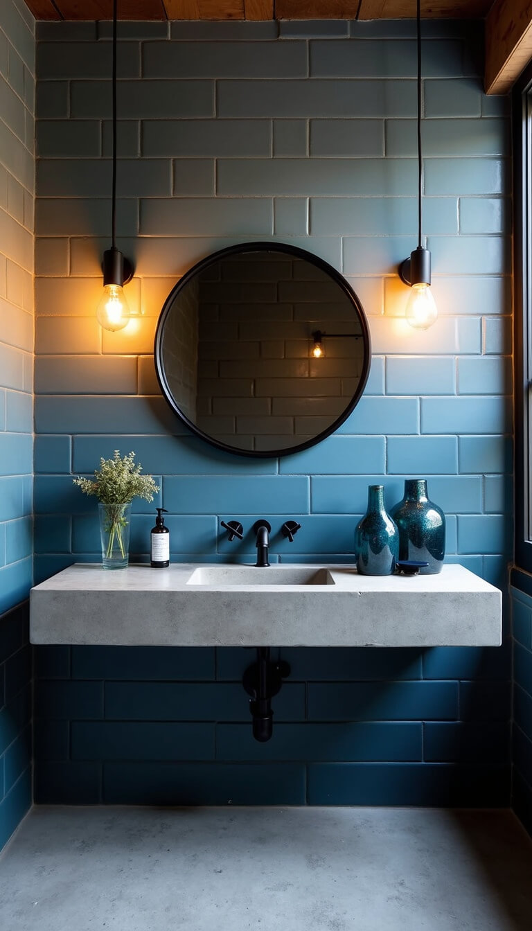 Urban loft bathroom with ombre blue tile wall, black industrial fixtures, concrete vanity, smoky blue glass vessels, and Edison bulb sconces at dusk.