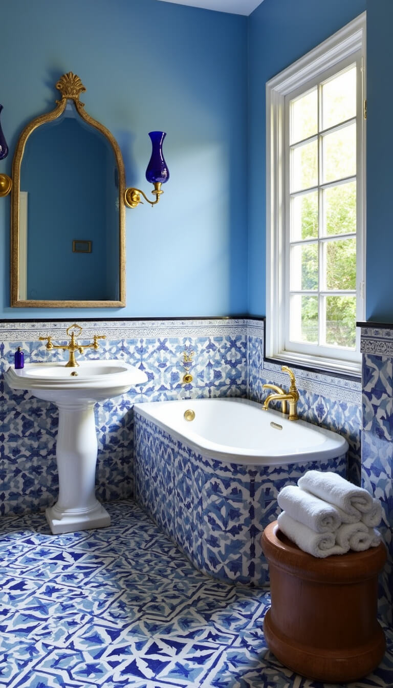 Mediterranean-style 10x14 bathroom with blue and white tiled floor, azure walls, brass fixtures, arched mirror, cobalt glass pendants, and wooden stool with hammam towels.