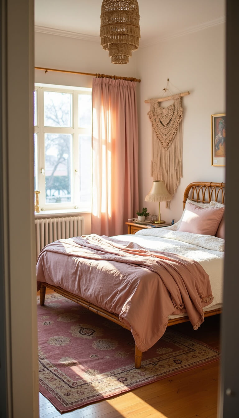 Sunlit bedroom with rattan bed, rose quartz and cream bedding, vintage Persian rug, macramé wall hanging, and sheer blush curtains glowing in early morning light.