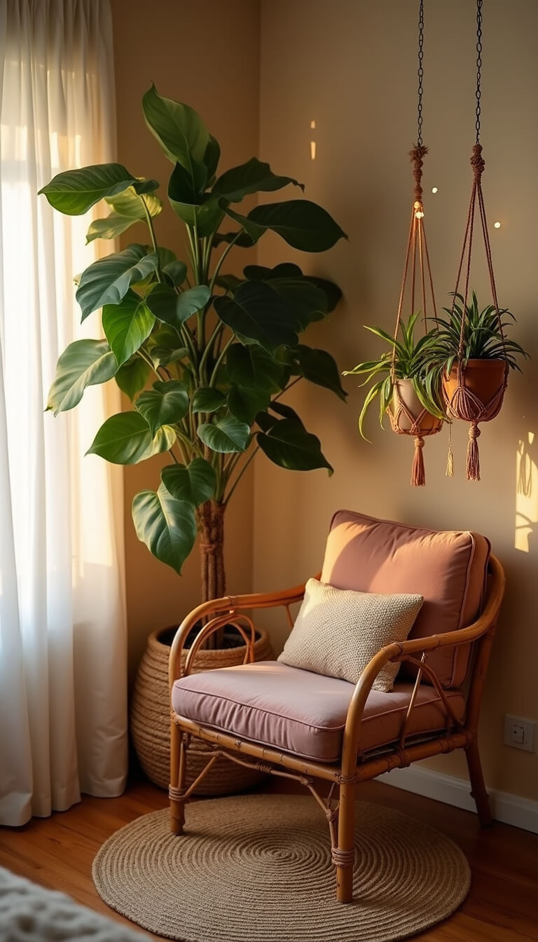 Cozy boho bedroom corner at golden hour with tall fiddle leaf fig, vintage bamboo chair in dusty rose velvet, layered natural rugs, and fairy lights in macramé hangers.