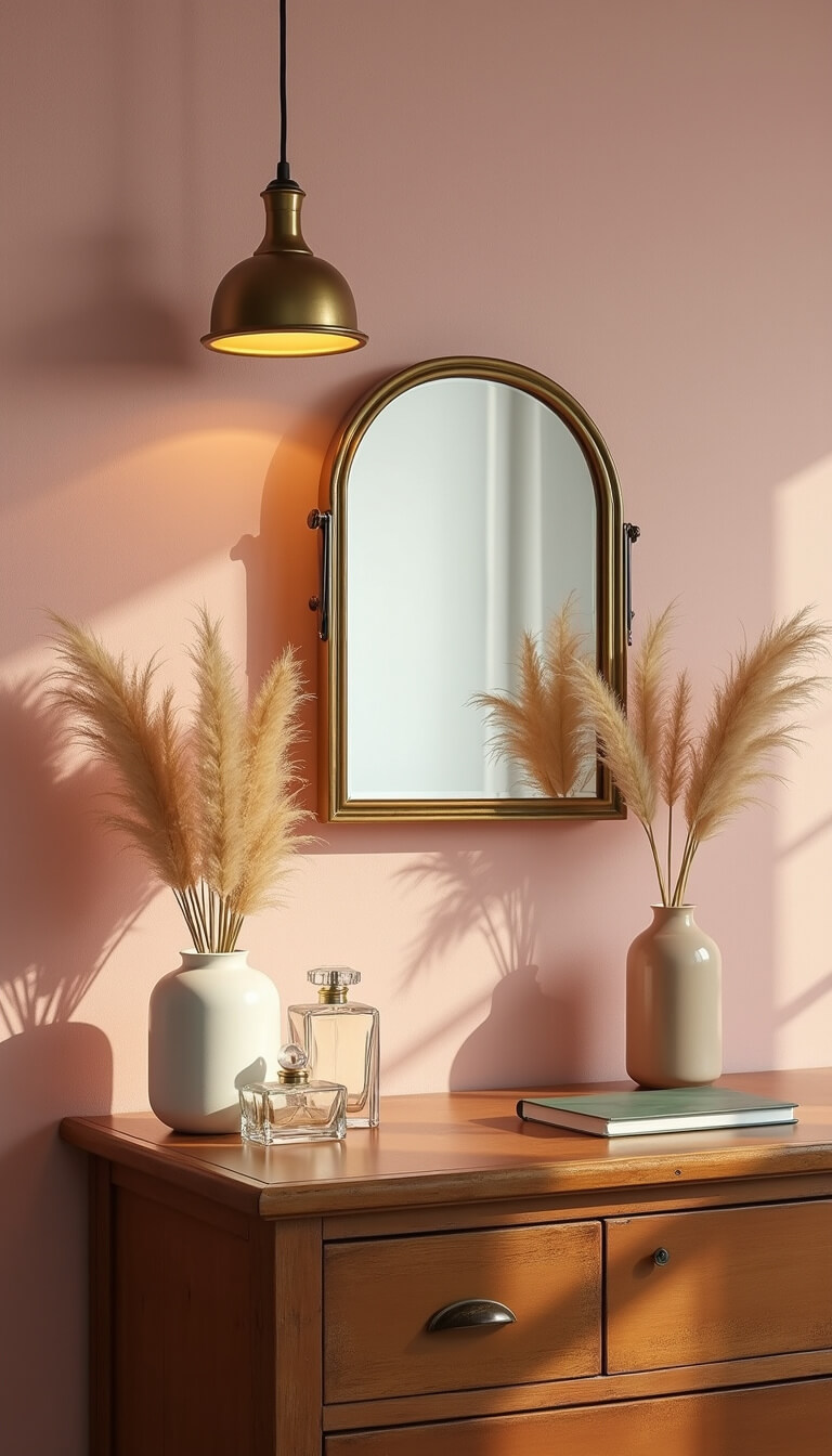 Art deco vanity with brass-framed mirror, vintage perfume bottles, pampas grass in ceramic vase, and blush pink textured wallpaper.