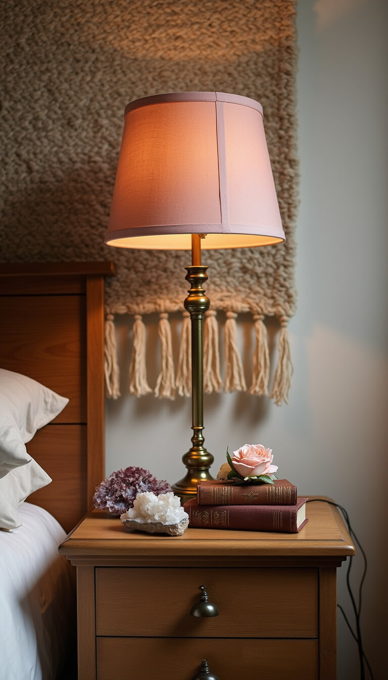 Vintage brass lamp with pink silk shade on wood nightstand, surrounded by crystal clusters, dried roses, and leather-bound books; handwoven desert-toned tapestry in background, moody afternoon lighting.