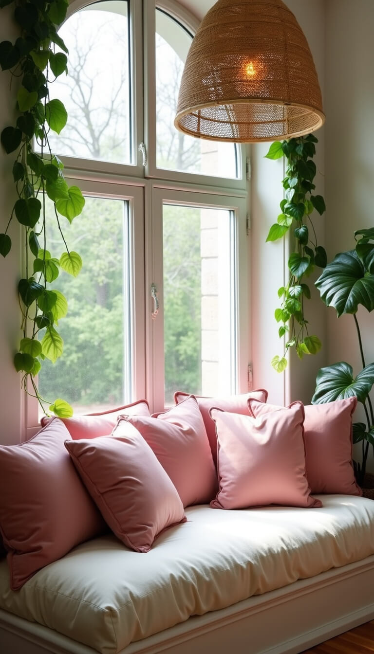Cozy window seat with cream cushions and pink velvet pillows, framed by trailing pothos plants and illuminated by natural light and rattan pendant shadows.