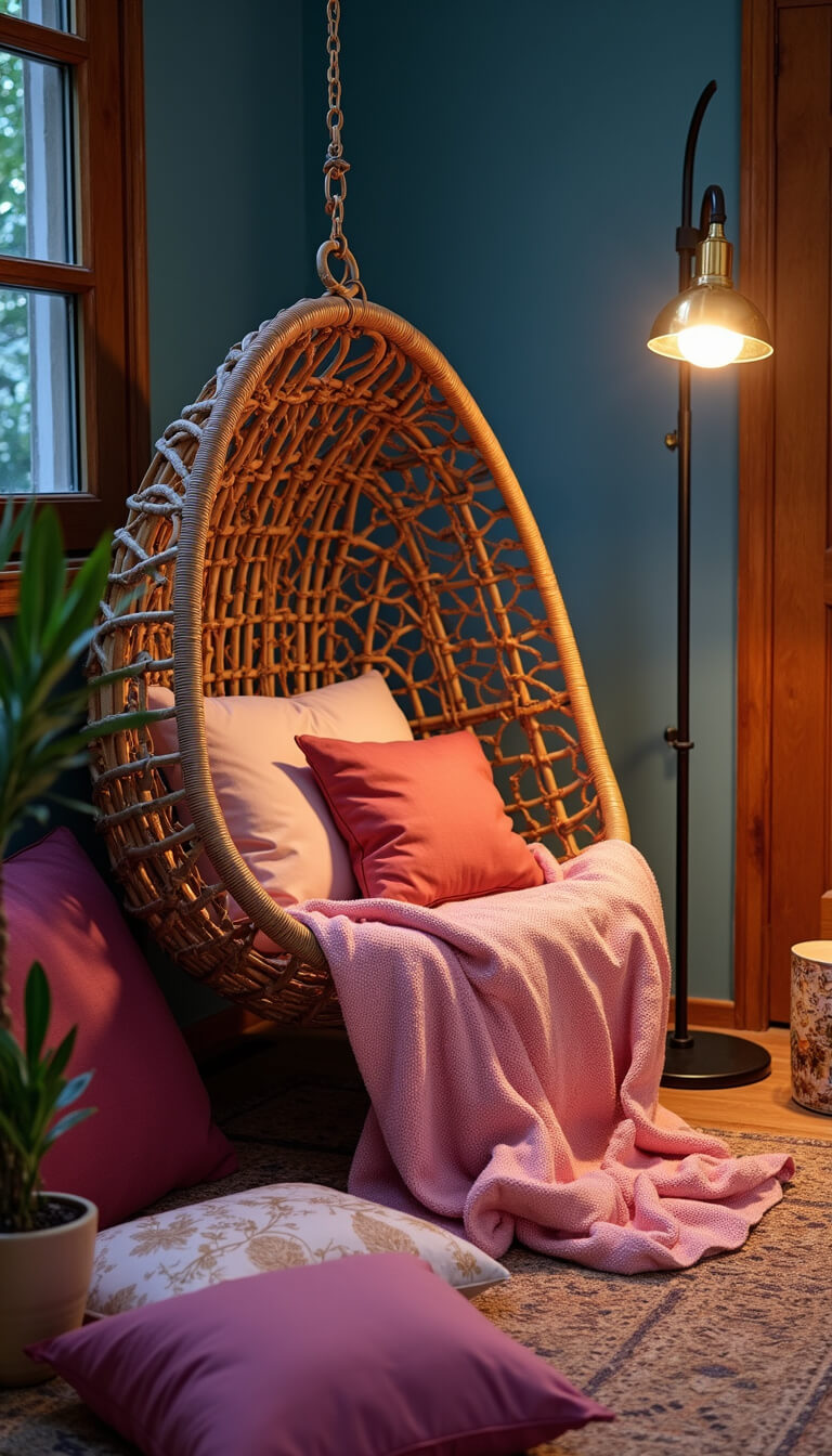 Boho reading corner with rattan peacock chair, pink Moroccan blanket, pink floor cushions, brass lamp, and candles lit at blue hour.