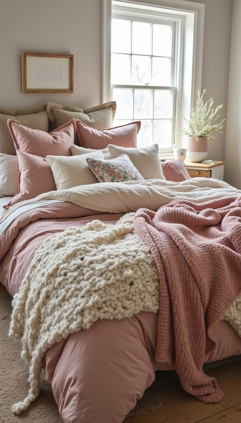 Layered bed styling with blush linen duvet, vintage Moroccan wedding blanket, chunky knit throws, and assorted velvet, silk, and embroidered pillows, shot from above in natural window light.