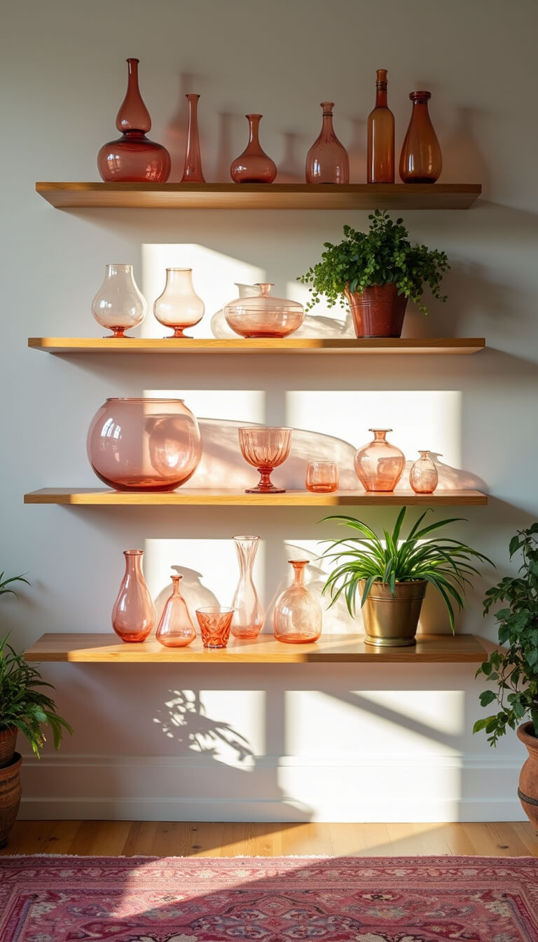 Floating shelves with pink depression glass, brass decor, and trailing plants above a pink Persian rug in warm afternoon light.