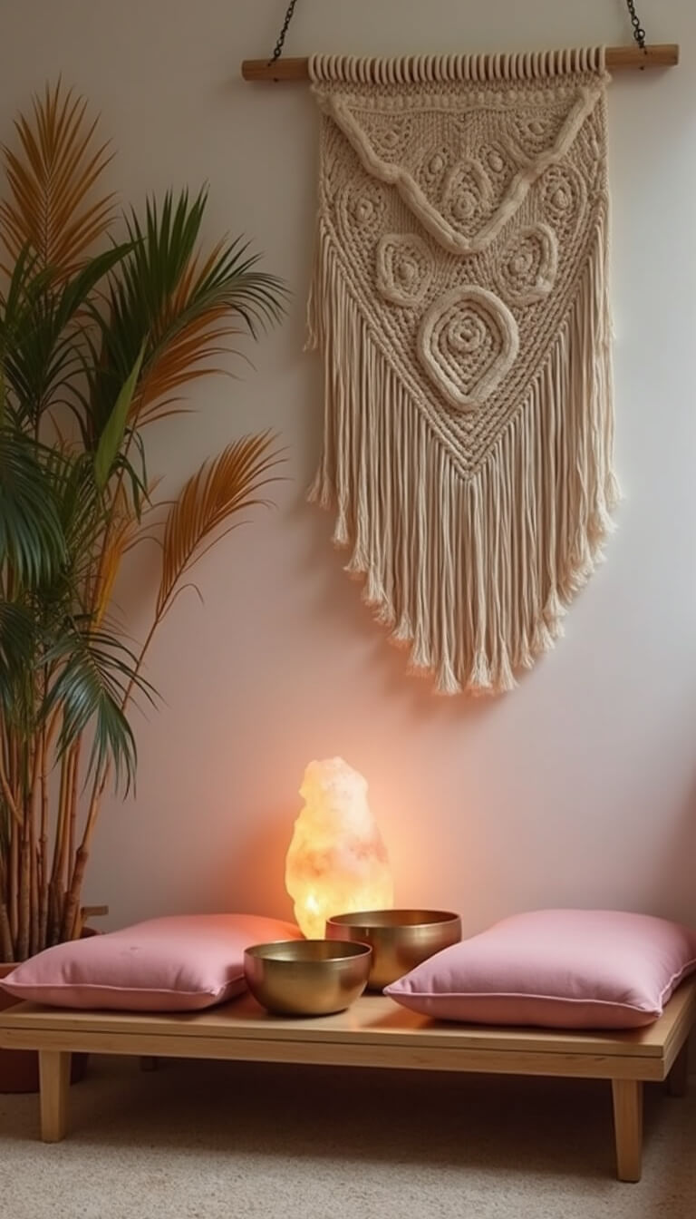 Bohemian meditation corner with pink cushions, brass singing bowls, and Himalayan salt lamp on low wooden platform, framed by macramé wall hanging and dried palm fronds at dawn.