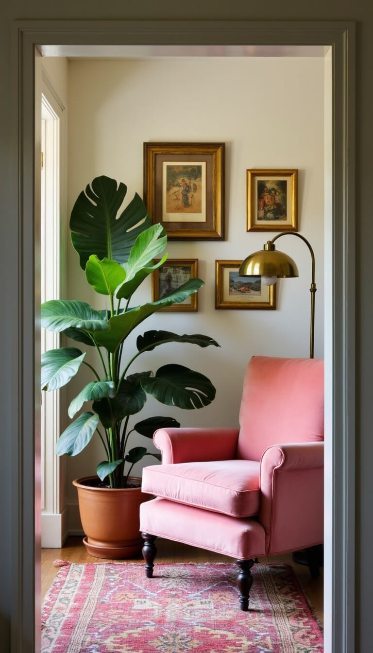 Vintage pink velvet armchair and brass floor lamp in cozy vignette, framed by doorway with golden hour lighting; monstera plant and Turkish rug add organic and patterned elements.