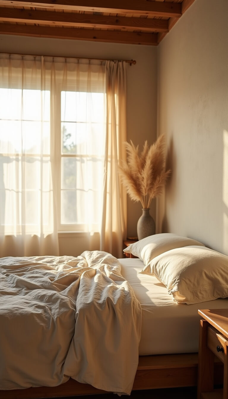 Wabi Sabi bedroom with low reclaimed oak bed, cream linen bedding, pampas grass in ceramic vase, and golden hour light filtering through sheer curtains.