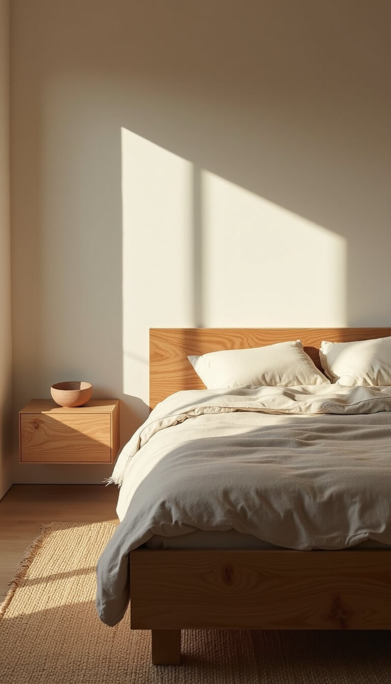 Minimalist bedroom with natural wood bed, neutral wool and linen bedding, ceramic bowl on floating shelf, sisal rug, and matte clay walls in soft mid-morning light.
