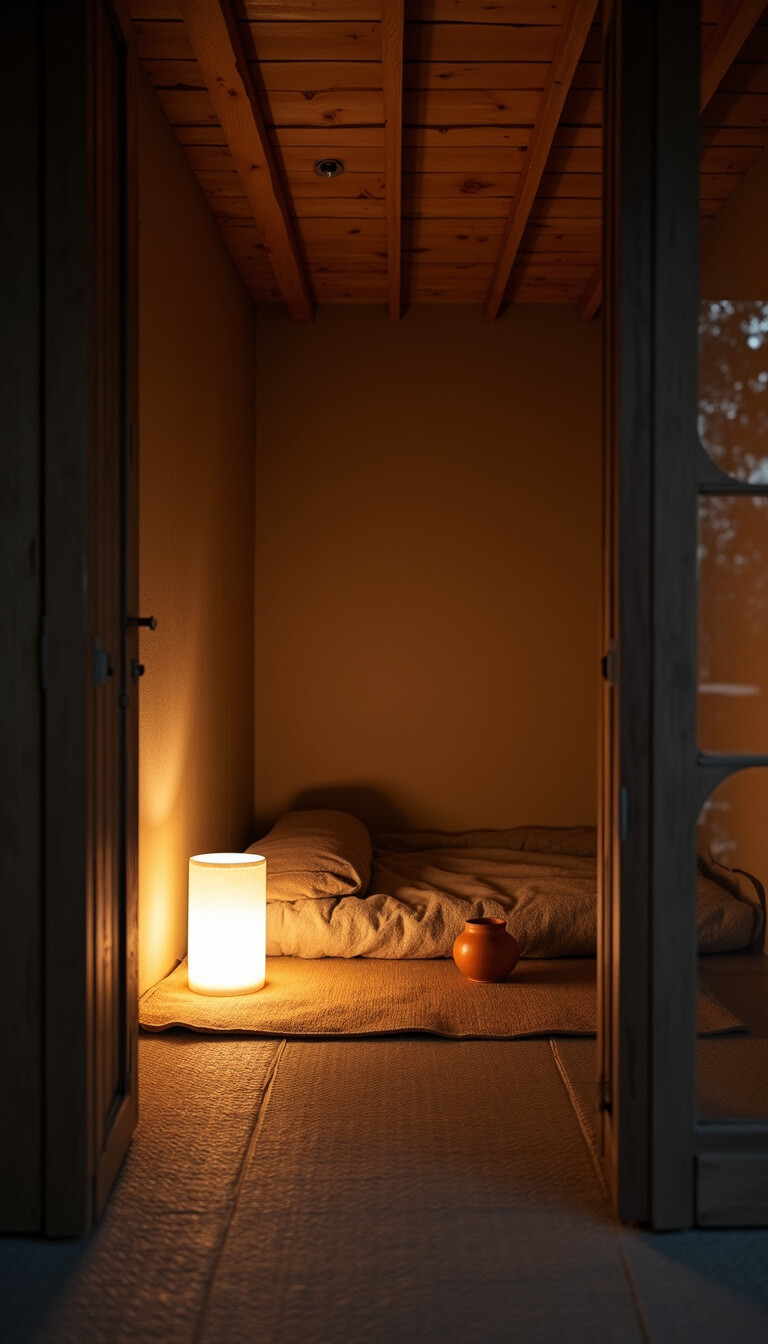 Wide-angle view of a serene Wabi Sabi sanctuary at dusk with a low futon on tatami mats, soft lighting from a single paper lantern, earthenware vessels on the floor, exposed wood beams, and textured taupe plaster walls.
