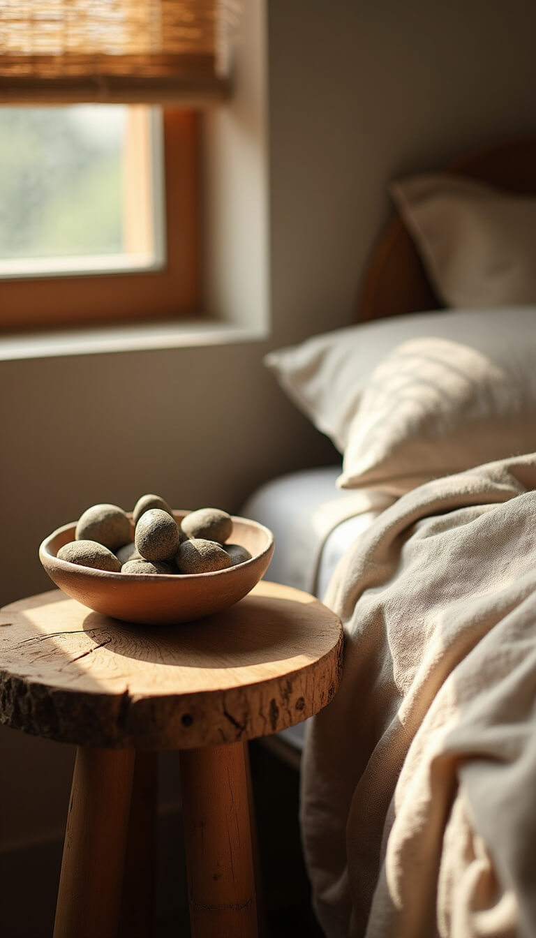 Close-up of rustic bedside scene with weathered wooden stool as nightstand, ceramic bowl of river stones, rumpled flax linen throw, and soft morning light filtering through bamboo blinds.