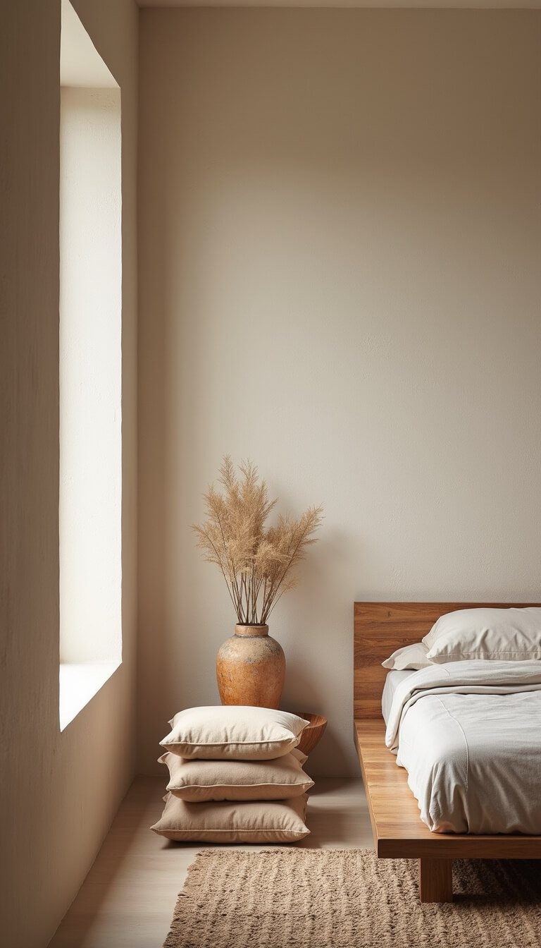 Minimalist 16x20ft bedroom with platform bed, vintage floor cushions, and dried botanicals in copper vessel against lime-washed textured walls.