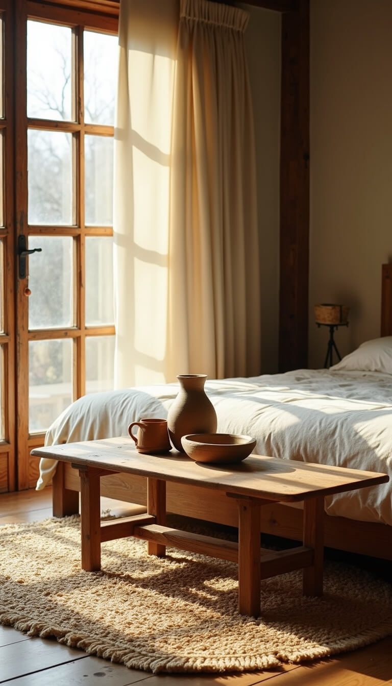Early morning bedroom with distressed wood floor, silk-draped floor-to-ceiling windows, cotton futon on grass mat, and low table with natural objects in soft natural light.