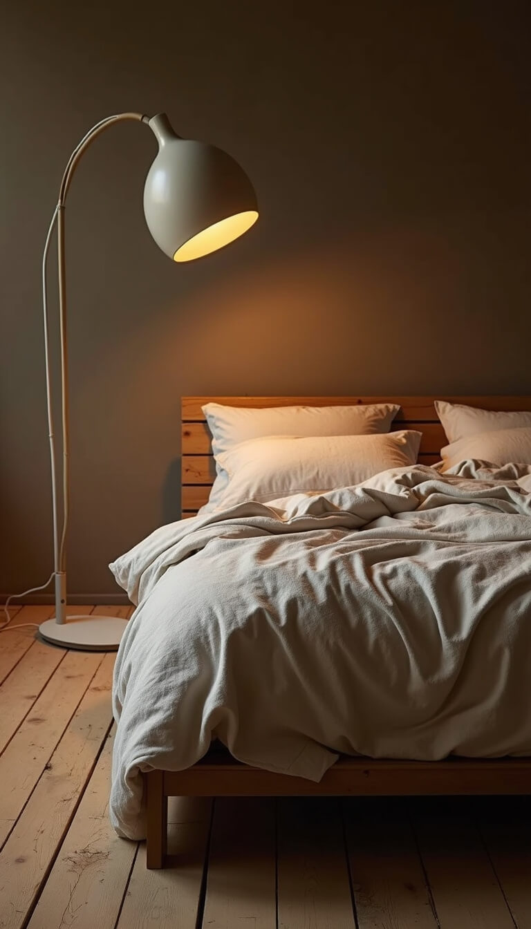 Moody twilight bedroom with minimal floor bed in layered bone and sand linens, warm glow from large ceramic floor lamp, worn wooden floorboards, and natural textures throughout.