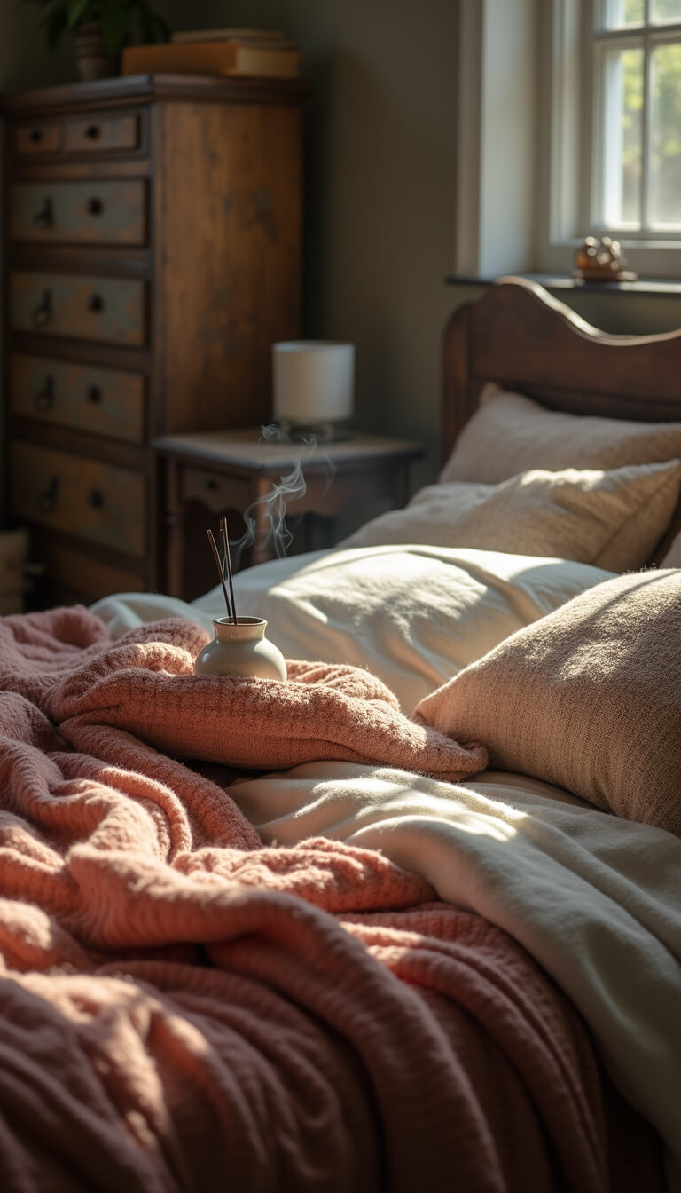 Close-up of layered bedding with hand-loomed blankets, naturally dyed pillows, and raw silk throws in dramatic side lighting; vintage wooden chest and smoking handmade ceramic incense holder in background.