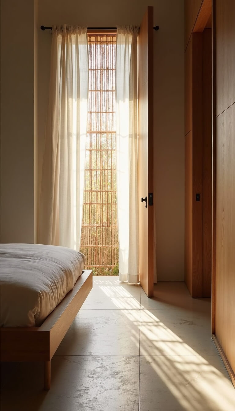 Bedroom at dawn with natural light, low-profile wooden bed, uneven ceramic tile floor, bamboo screen casting shadows, and stonewashed linen curtains.