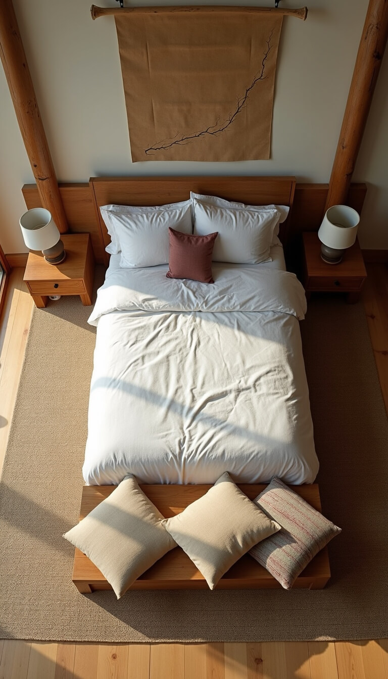 Overhead view of 18x20ft Wabi Sabi bedroom with natural rug under platform bed, asymmetrical wool floor cushions, aged wooden bench, cracked clay wall hanging, and bright natural lighting.
