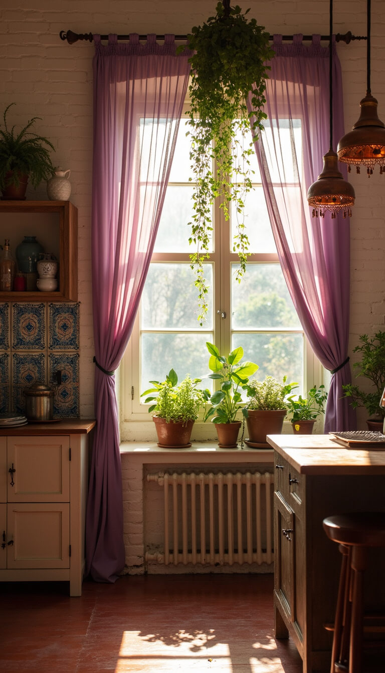 Bohemian kitchen with macramé and violet curtains lit by golden hour sun through a bay window, casting shadows on whitewashed brick walls, with copper lights over a rustic island and Moroccan tile backsplash.