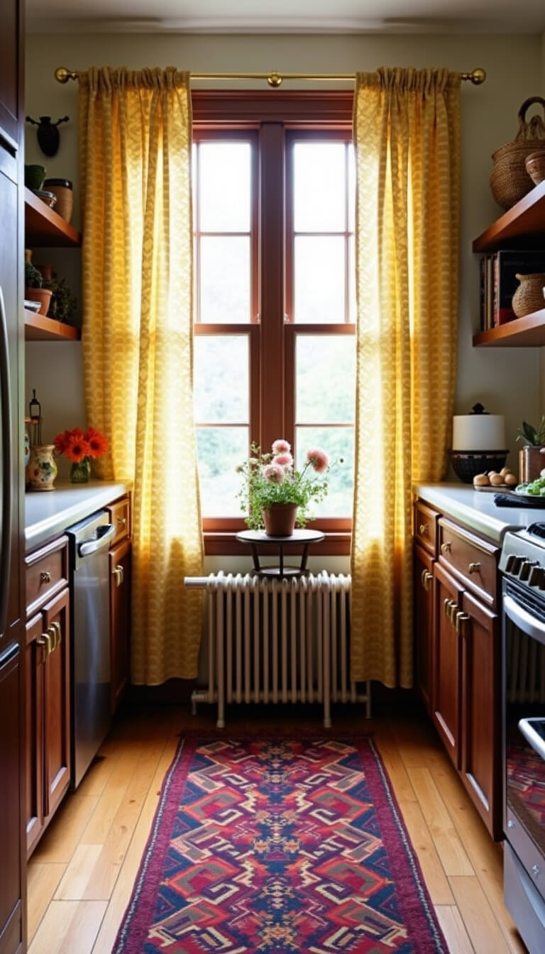 Warmly lit galley kitchen with mustard and cream curtains, vintage brass hardware, dark wood shelving, handwoven baskets, and a Turkish kilim runner in burgundy and navy tones.