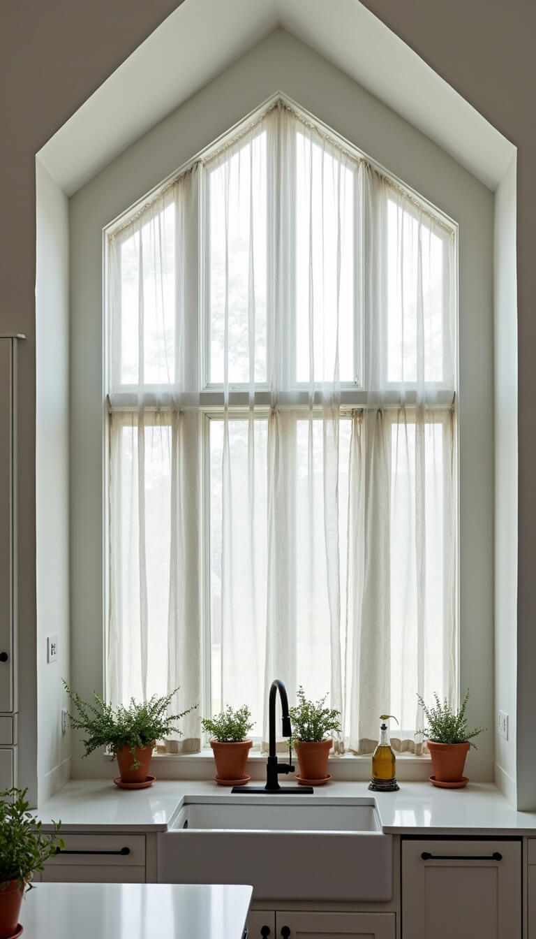 Modern farmhouse kitchen with cathedral ceiling, floor-to-ceiling windows, white cabinetry, matte black fixtures, terracotta herb pots, and billowing white and indigo curtains, viewed from mezzanine level.