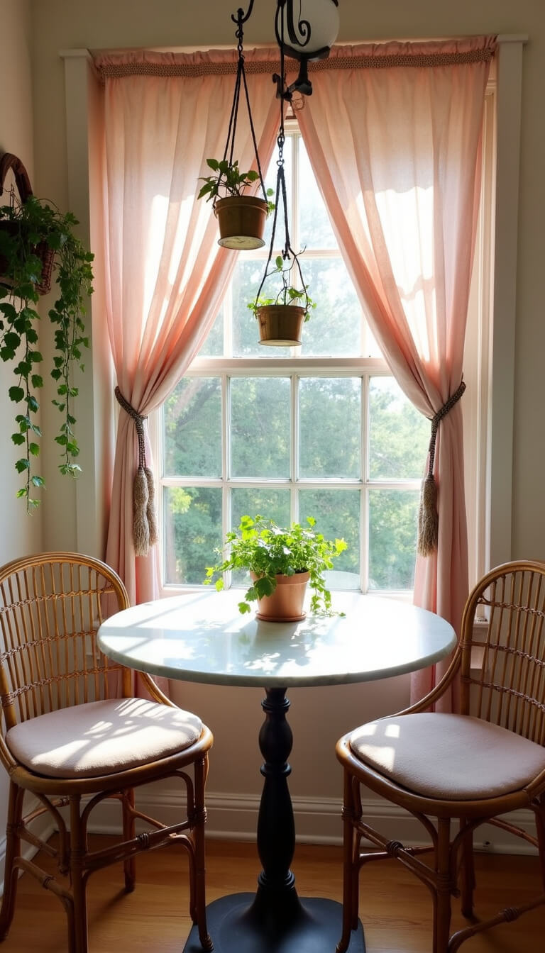 Close-up of a cozy kitchen nook with rattan chairs, mudcloth cushions, marble bistro table, blush pink macramé curtains, trailing ivy in brass planters, and soft afternoon light filtering through a bay window.