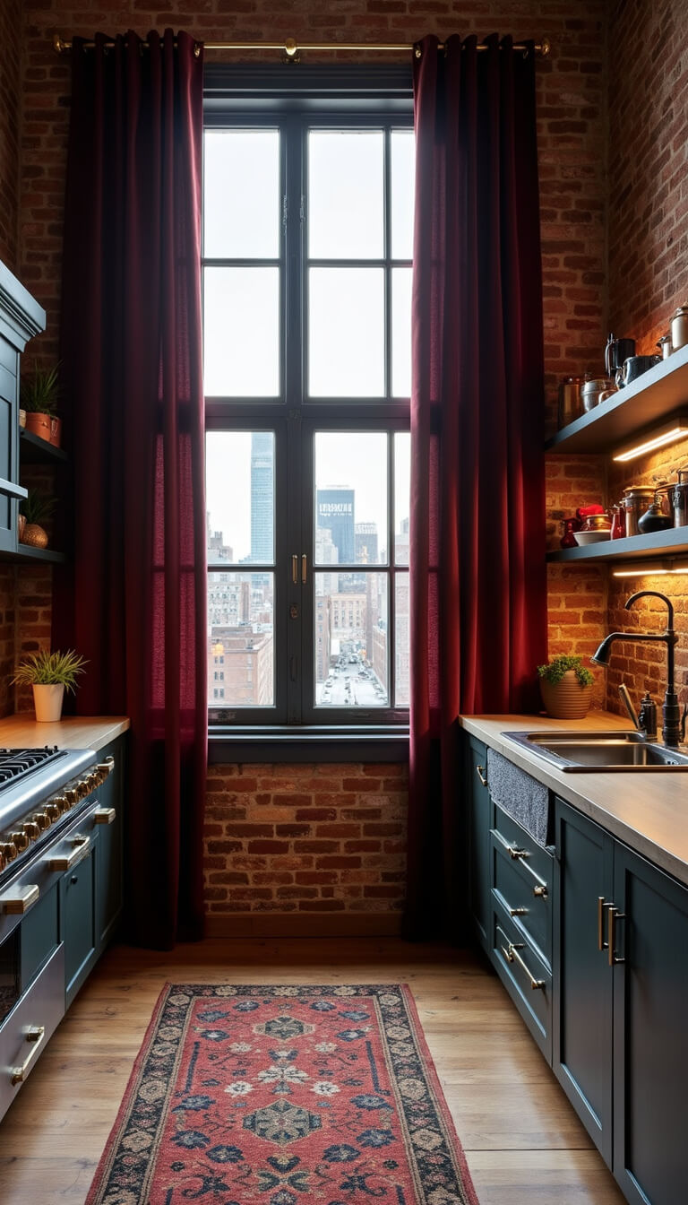 Industrial loft kitchen with exposed brick, steel windows, burgundy velvet curtains, brass rods, copper cookware, and vintage earth-tone rugs at dusk.