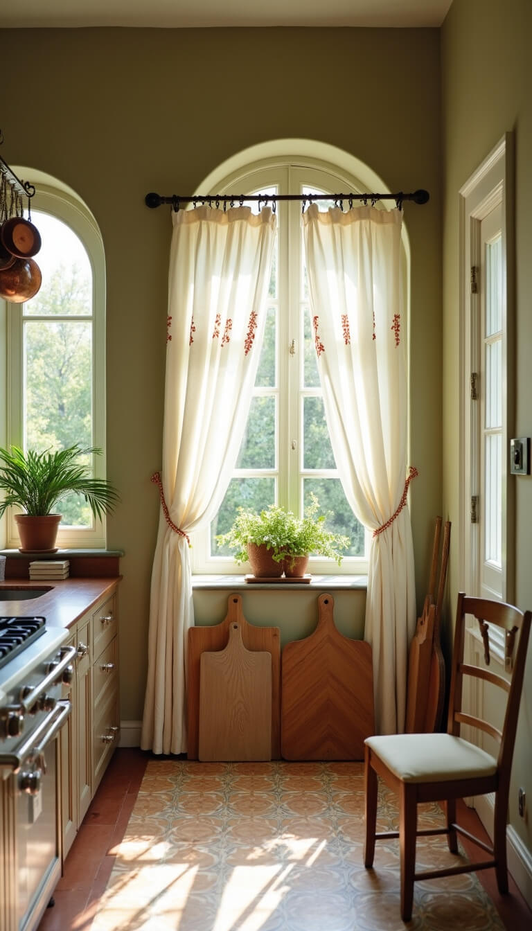 Mediterranean-style kitchen with arched windows, sage green walls, ceramic tiles, copper pots, and olive wood accents in soft morning light.