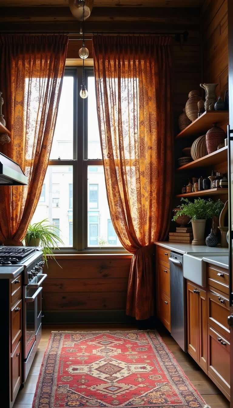 Eclectic 10x12ft studio kitchen with floor-to-ceiling windows, tribal print curtains, Persian rug, global artifacts on open shelves, and dramatic side lighting.
