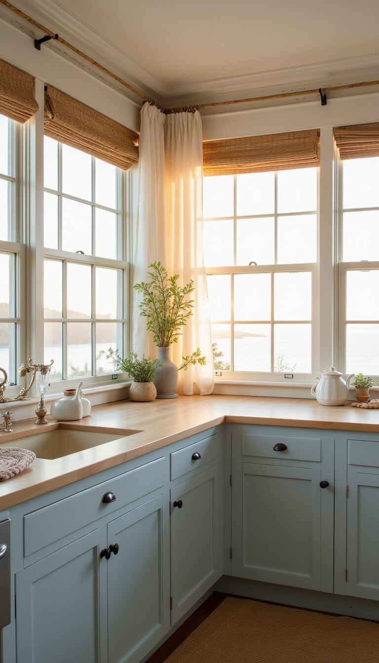 Coastal boho kitchen with pale blue cabinets, panoramic windows, sheer white curtains over bamboo blinds, and driftwood accents, bathed in sunrise light.