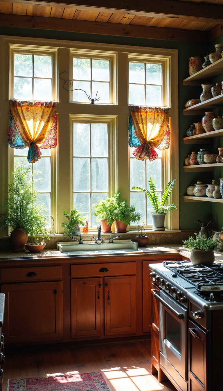 Artistic 12x14ft cottage kitchen with greenhouse windows, vibrant patchwork curtains, plants and crystals on windowsills, and hand-thrown pottery on open shelves.