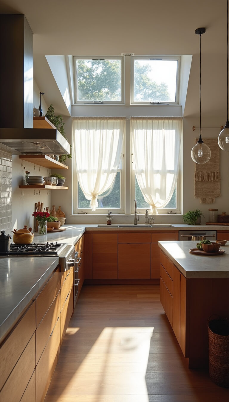 Minimalist boho kitchen with clerestory windows, white linen curtains, handwoven wall hangings, concrete counters, and warm wood accents at blue hour.