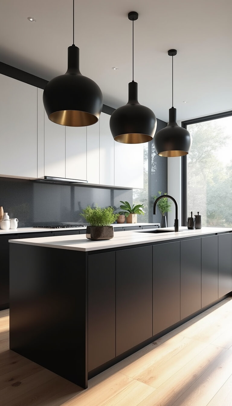 Modern 15x20ft kitchen with black and white cabinetry, matte black island, white quartz countertop, floor-to-ceiling windows, and morning light casting dramatic shadows.