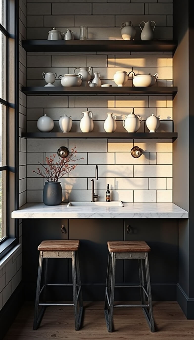 Golden hour light casts shadows in a moody kitchen nook with black-framed windows, white subway tiles, matte black shelves, and vintage barstools under a marble counter.