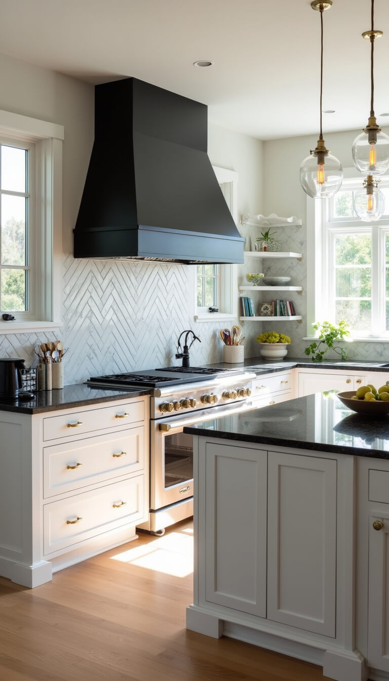 Open-concept white shaker kitchen with black range hood, marble herringbone backsplash, black granite waterfall island, and gold hardware under midday sunlight.