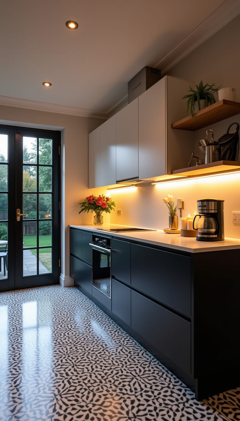 Cozy 12x15ft kitchen at dusk with black steel-framed glass garden doors, white quartz counters, matte black and white cabinetry, geometric black-and-white tile floor, mixed metal finishes, coffee bar, fresh flowers, and glowing candles.