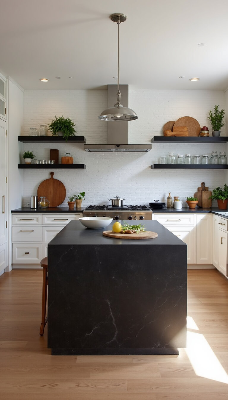 Modern 18x22ft kitchen with recessed lighting, black granite island, white oak cabinets, black floating shelves on white brick wall, chrome pot rack, and organized accessories.