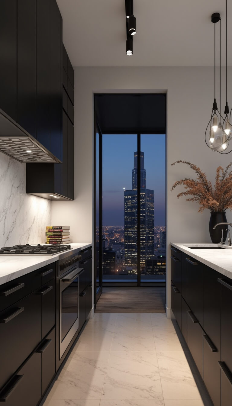 Twilight view of a modern 16x20ft kitchen with matte black cabinets, full-height white marble backsplash, black steel windows, suspended white quartz breakfast bar, and urban decor accents.