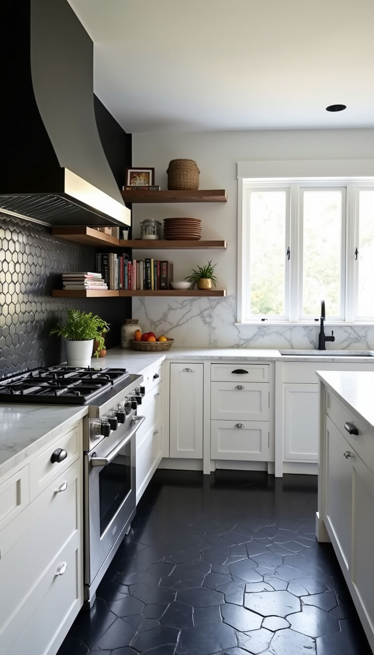 Bright 14x18ft kitchen with black hex tile floor, white cabinets, dramatic black range wall, marble counters and backsplash, mixed metal finishes, and styled coffee station.