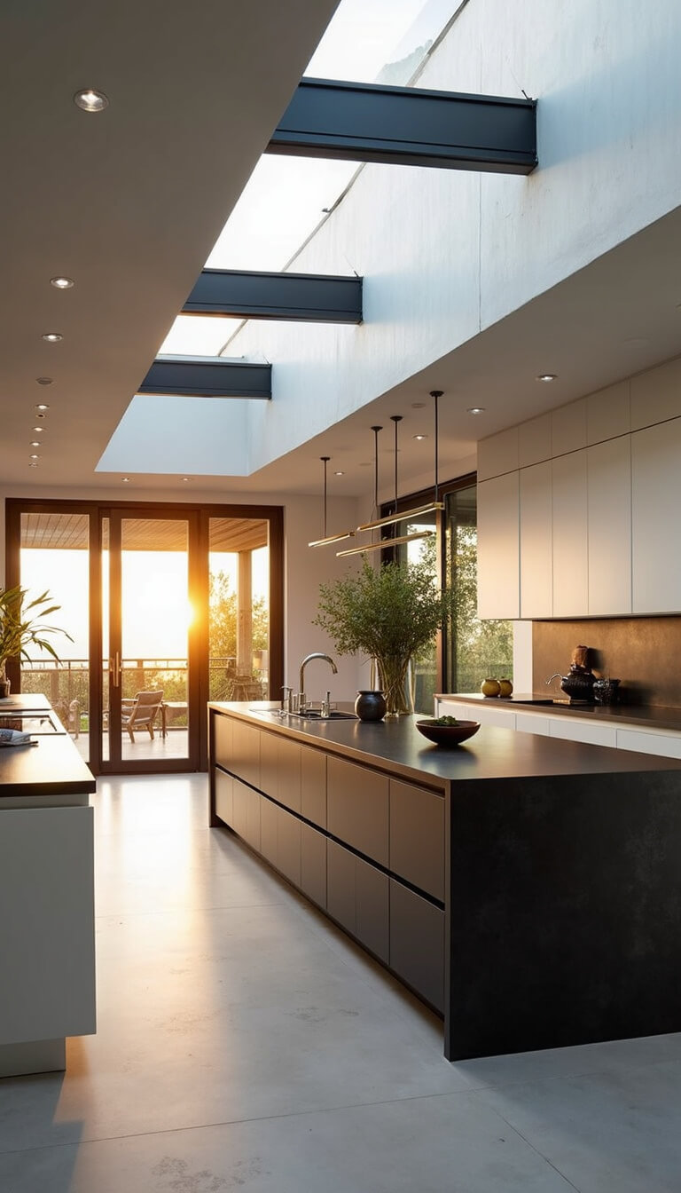 Elegant 20x24ft kitchen at sunset with black steel skylights, white concrete floors, matte black island, white cabinets, brass hardware, and warm ambient lighting.