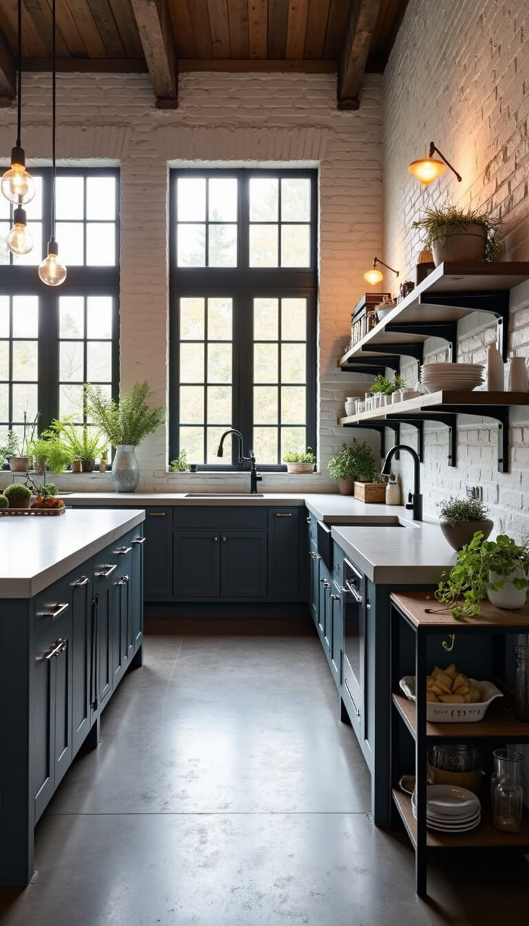 Industrial-modern kitchen with concrete island, black-framed windows, white brick walls, Edison bulb lighting, and styled decor including bar cart, plants, and pottery.