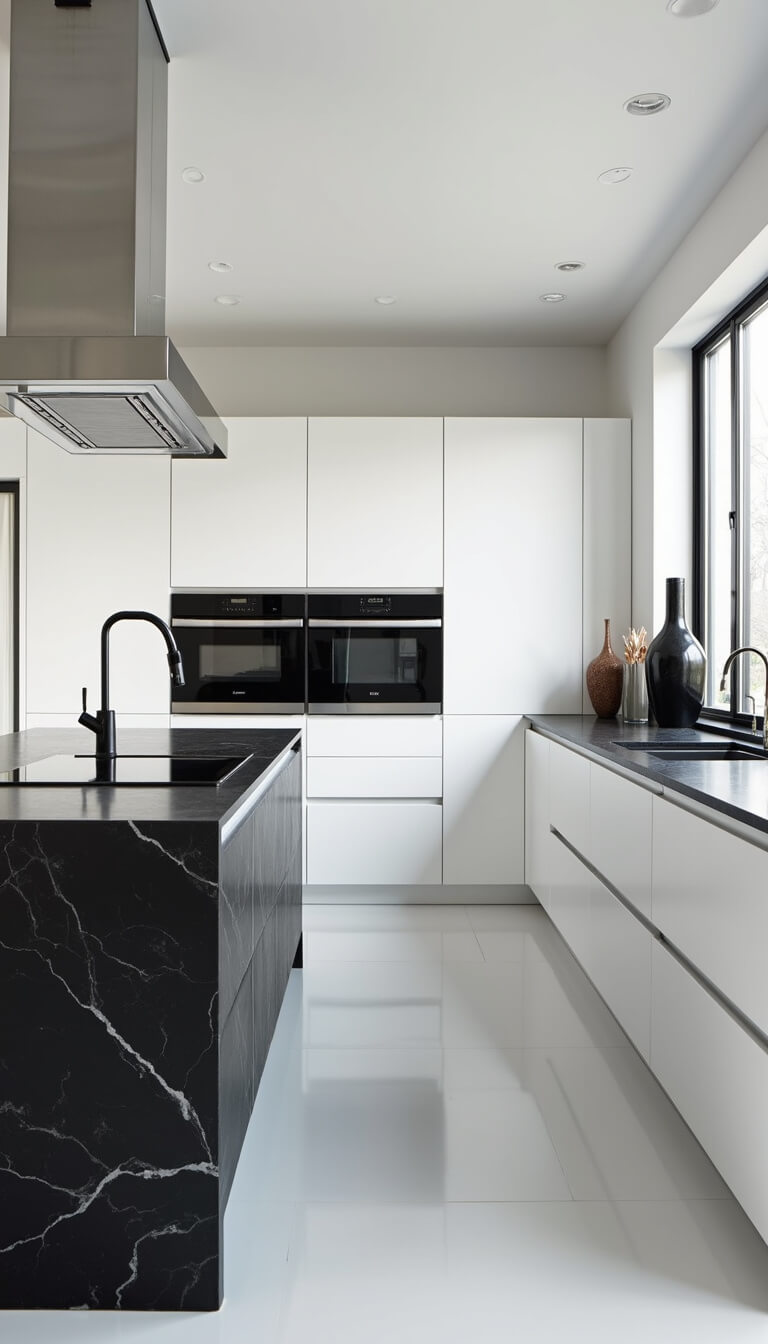 Minimalist 16x20ft modern kitchen with black cabinetry, white walls, black stone island, chrome fixtures, and single statement vase at center.