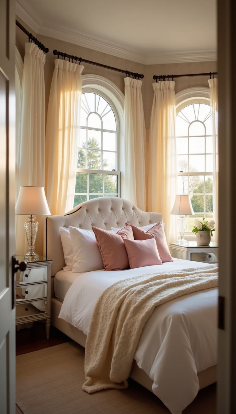 Cozy 12x12ft bedroom at golden hour with arched French windows, tufted ivory headboard, layered bedding in soft neutrals, and vintage crystal lamps on mirrored nightstands.