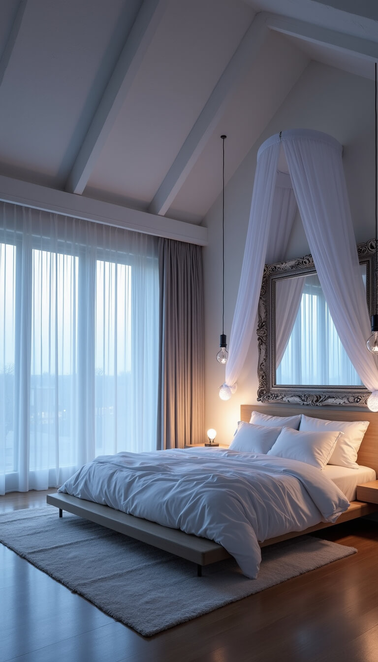 Twilight-lit spacious bedroom with vaulted ceiling, white beams, sheer canopy bed, floor-to-ceiling windows, silver mirror, and pendant lights.