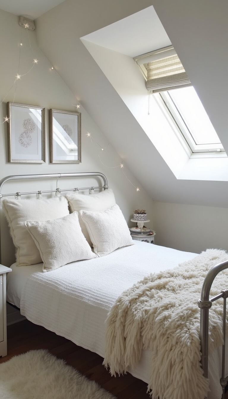Cozy 10x12ft attic bedroom with slanted ceilings, dormer window seat in white faux fur, white iron bed with lace and knit bedding, celestial wall art, and crystal fairy lights.